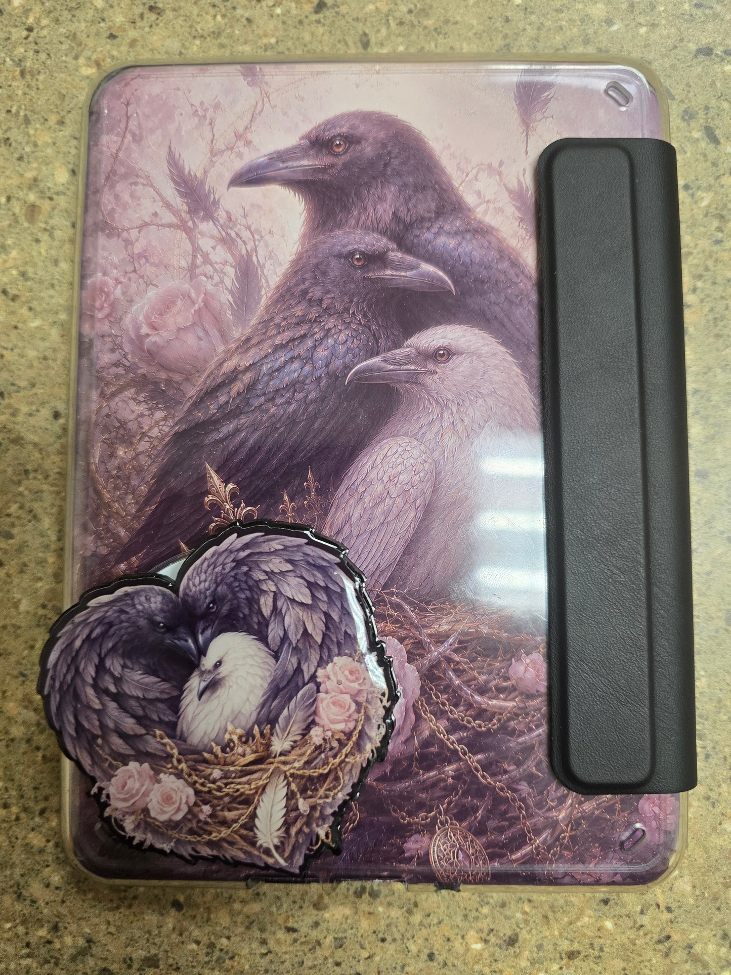 Elevate your reading experience with this handcrafted dark fantasy inspired Kindle bundle featuring coordinated raven-themed accessories designed for romantasy lovers.