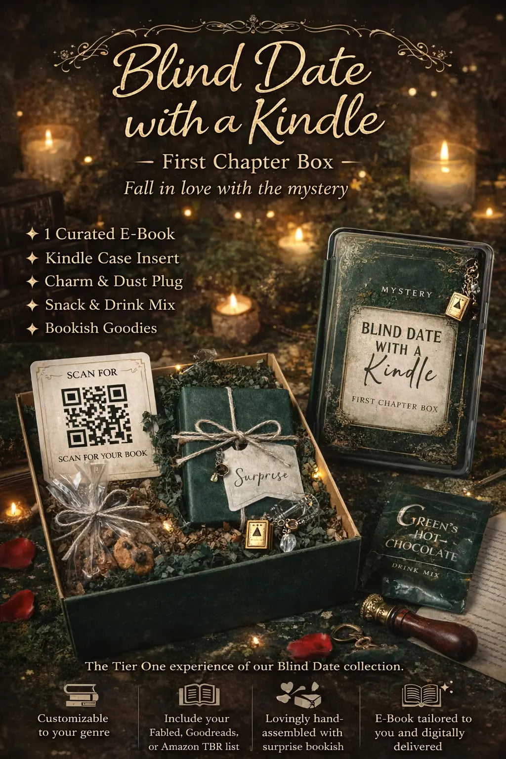 Blind Date With a Kindle First Chapter Box in rich hunter green featuring a mystery Kindle case insert, QR code for curated ebook, charm, snack, drink mix, and bookish goodies