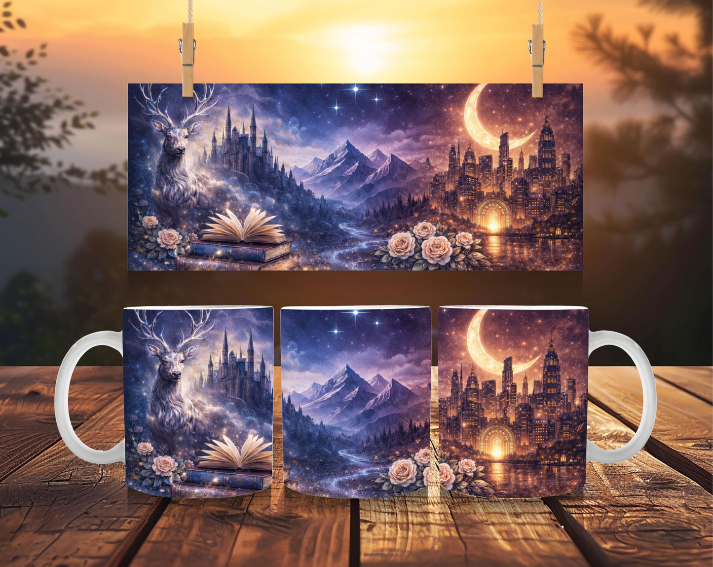 Romantasy inspired fantasy mug with celestial city mountains and magical stag artwork for book lovers