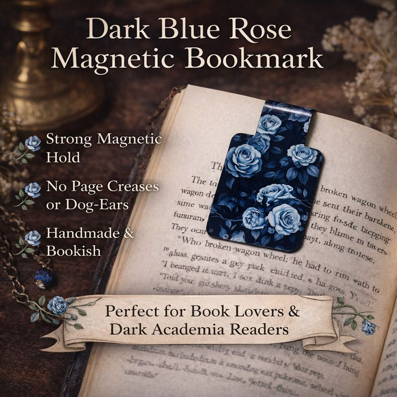 Bookish magnetic bookmark featuring dark blue roses, slim handmade bookmark for book lovers