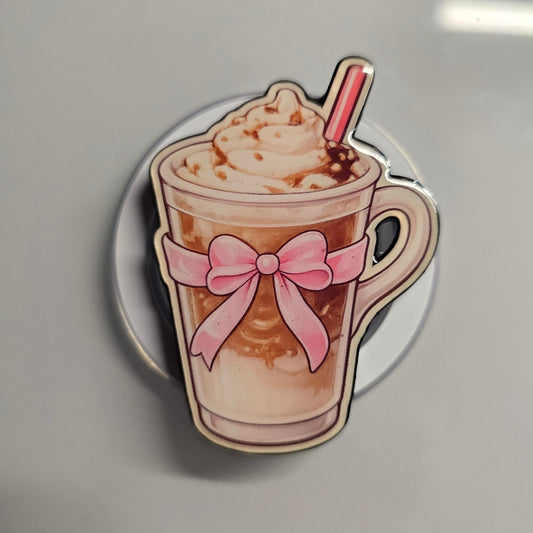 Coquette pink bow latte magnetic Kindle grip with MagSafe base on neutral background