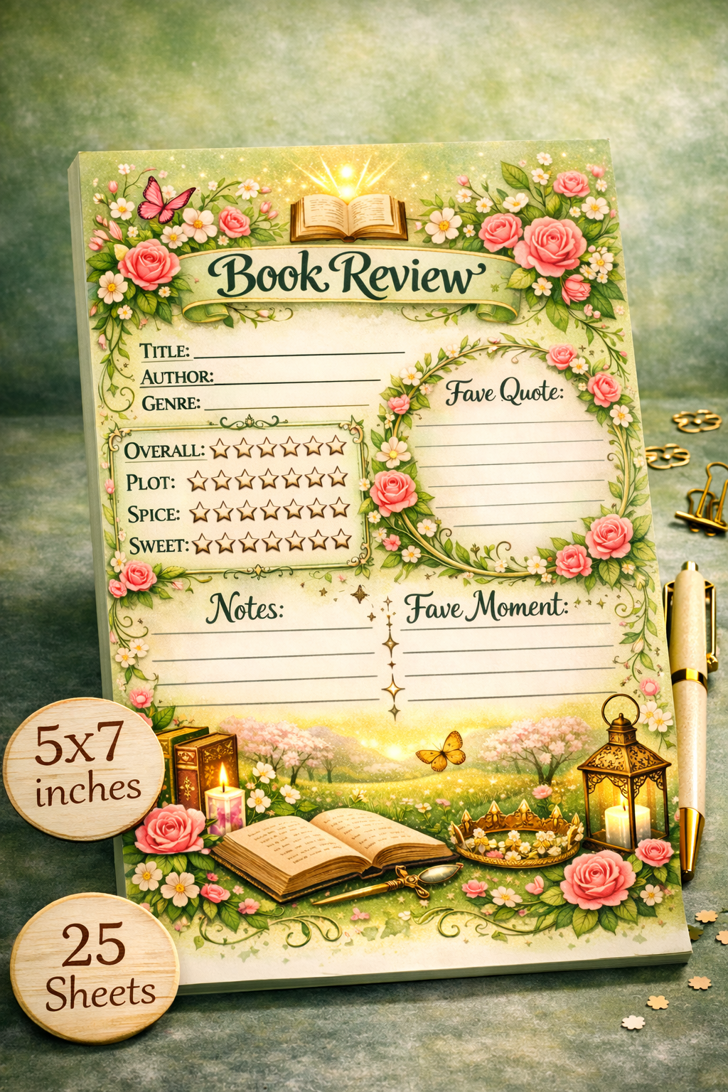 Cozy fantasy themed 5x7 book review notepad with floral design, rating stars, favorite quote section, 25 sheets, handmade reader stationery