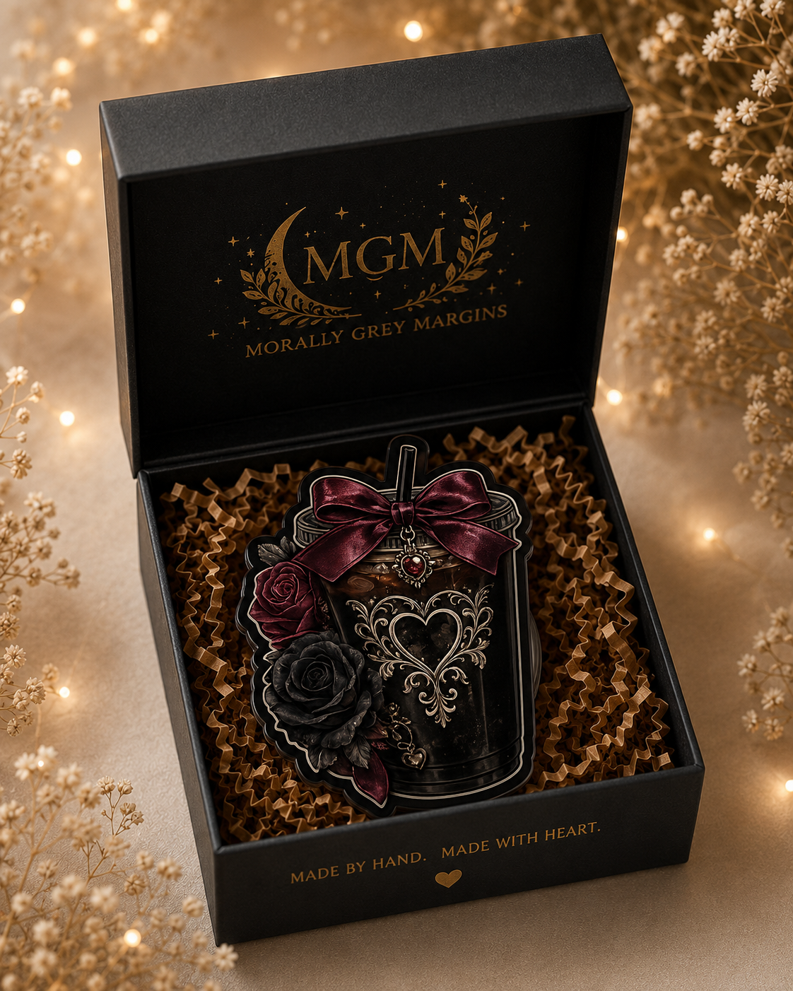 Dark romance iced coffee MagSafe Kindle grip with burgundy bow black rose red rose and gothic heart details
