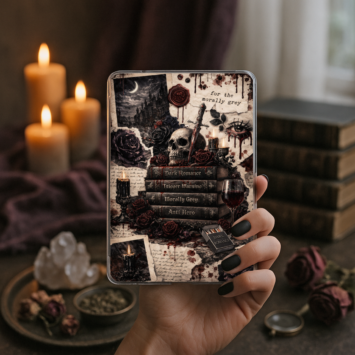 Dark Romance Kindle insert displayed beneath a transparent clear Kindle case featuring antique books, roses, candles, skulls, and gothic artwork.
