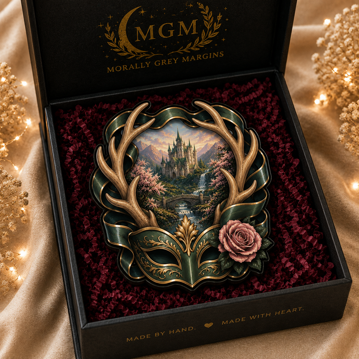 Fantasy castle MagSafe Kindle grip framed with antlers green ribbon rose and ornate mask