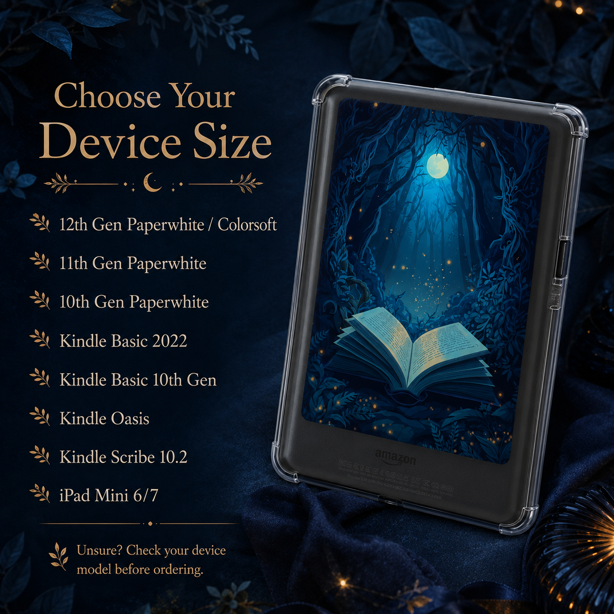 Enchanted Moonlit Forest Kindle insert available for multiple Kindle and compatible e-reader models.