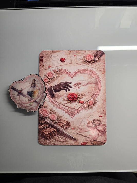 Romance inspired Kindle insert with intertwined hands, roses, and symbolic love and conflict artwork