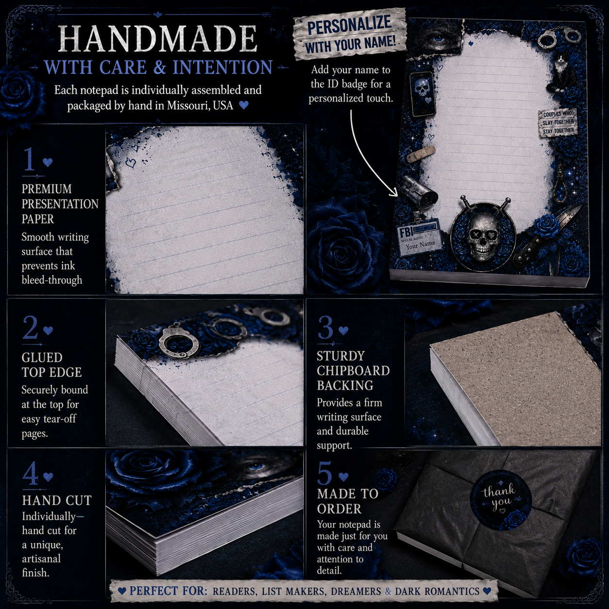 Promotional image of a handmade notepad with features and customization options.