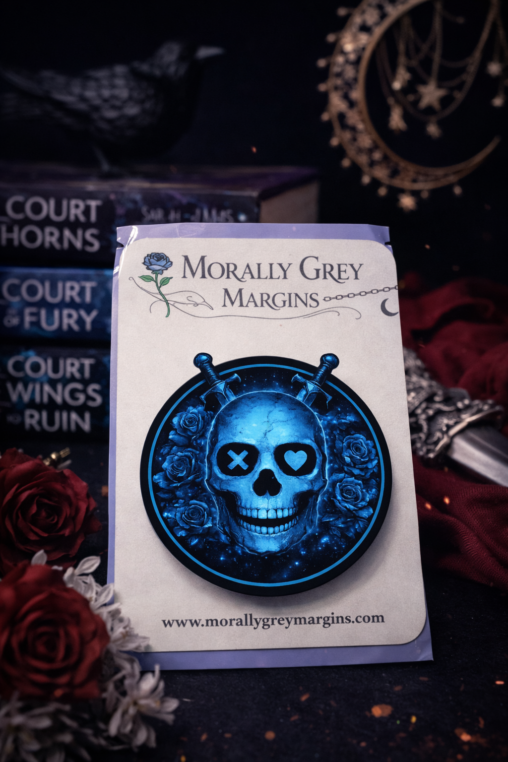 Blue skull dark romance Kindle grip with roses and crossed blades, bookish MagSafe accessory by Morally Grey Margins