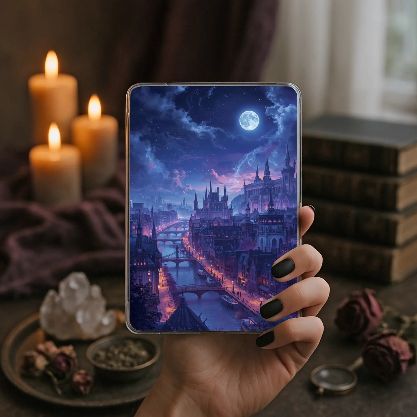 Person holding a phone with a fantasy cityscape screen against a candlelit background