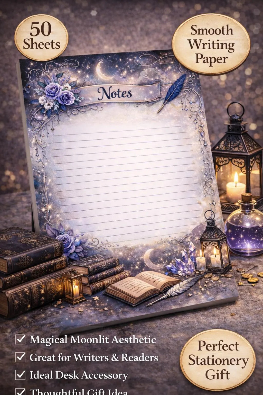 Moonlit Magic 5x7 celestial notepad with lined pages, lavender roses, crescent moon, stars, crystals, books, and enchanted quill