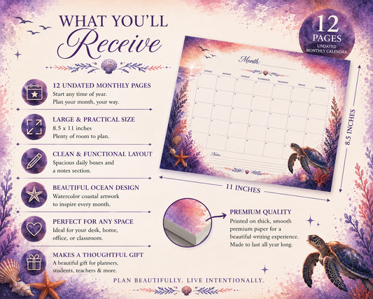 Infographic showing the Ocean Dreams monthly desk calendar with 12 undated monthly pages, premium paper, spacious layout, and optional personalization and magnetic backing.