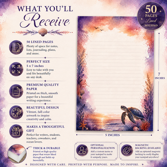 Infographic showing the Ocean Dreams handmade 5Ă7 notepad with 50 tear-away pages, premium paper, and sturdy chipboard backing.