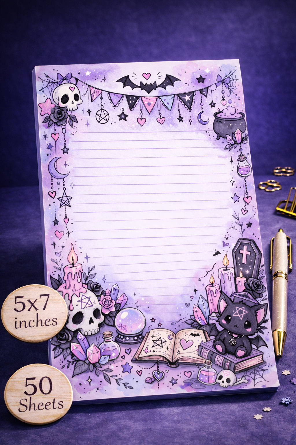 Pastel goth themed 5x7 lined notepad with cute spooky bat, crystals, candles, skulls, and witchy aesthetic, 50 sheets, handmade stationery