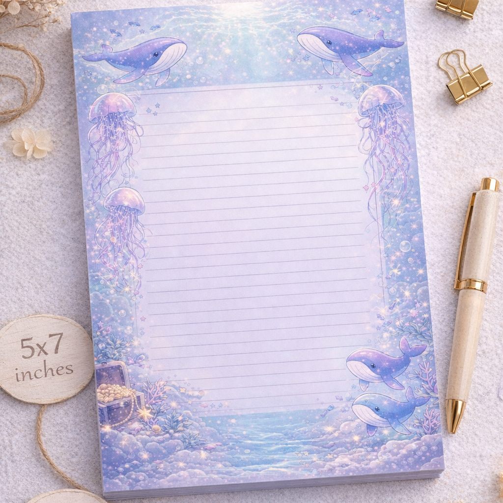 Pastel ocean themed 5x7 lined notepad with whales and jellyfish, 50 pages, handmade printed and assembled in-house
