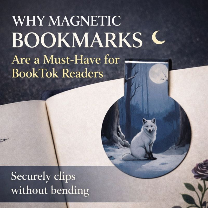 White fox magnetic bookmark with moonlit forest artwork, handmade bookish accessory for book lovers and BookTok readers.
