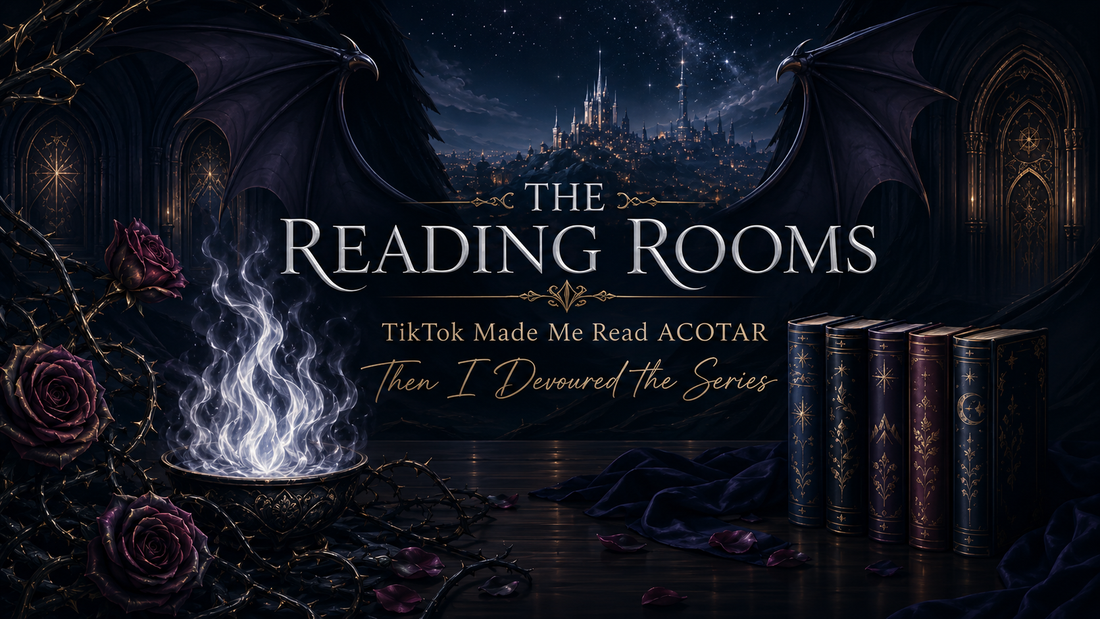 Dark romantasy Reading Rooms banner featuring a luminous starlit city, sweeping bat wings, thorn-covered plum roses, a silver flame, three enchanted court doorways, and five elegant fantasy books.