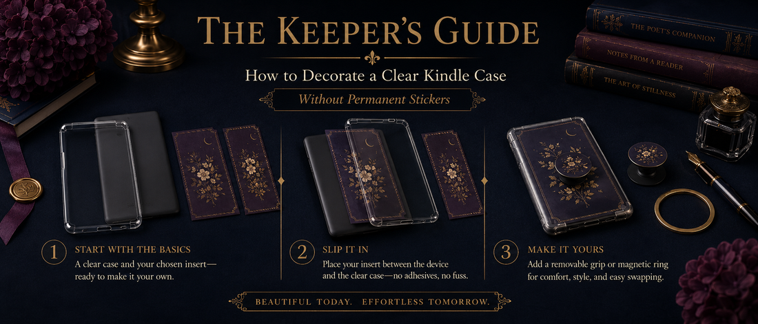 Dark, luxurious instructional banner showing three stages of decorating the back of a Kindle with a removable insert beneath a transparent clear case, plus a swappable insert, removable grip, and magnetic ring.