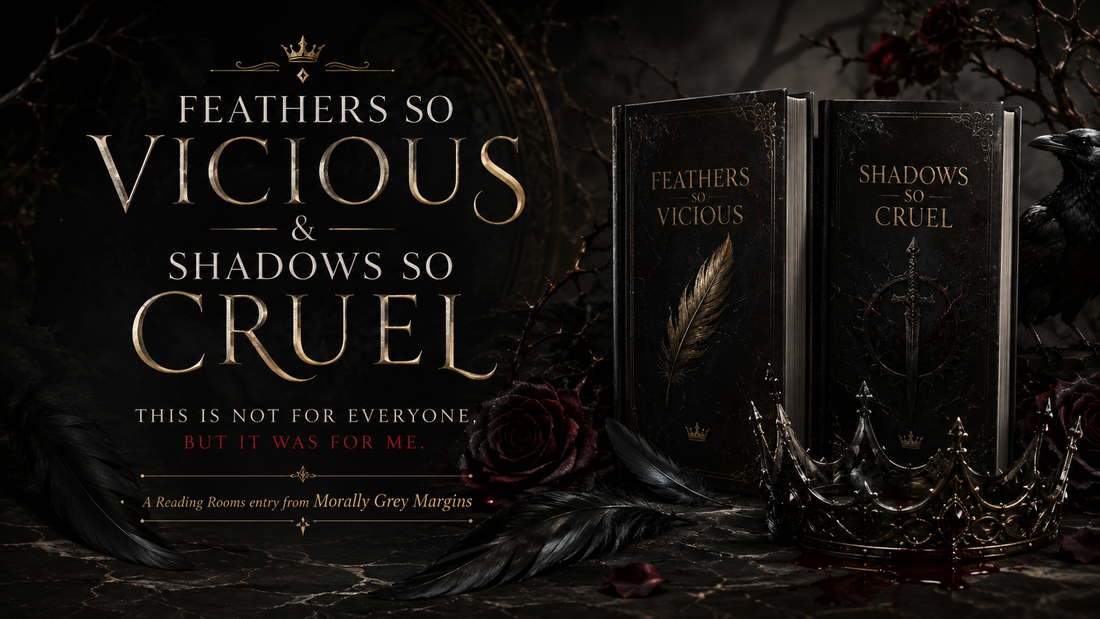 Dark gothic Reading Rooms banner inspired by Feathers So Vicious and Shadows So Cruel, featuring black feathers, a raven, crowns, and two dark fantasy books.