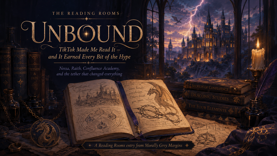Fantasy Reading Rooms banner for Unbound by Penelope Bloom featuring Confluence Academy, an open magical journal, dragons, lightning, and the mysterious tether connecting Nessa and Raith.