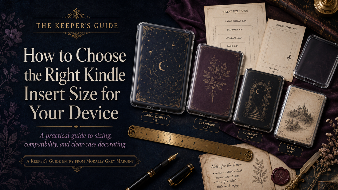 Dark, elegant Kindle insert size guide showing several e-readers in clear cases, insert templates, a ruler, and sizing notes from Morally Grey Margins.
