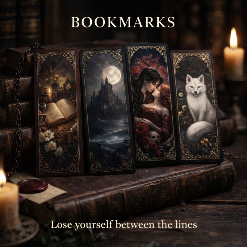 Flat lay of fantasy and bookish bookmarks featuring florals, castles, lanterns, stars, and cozy reading aesthetics on a wooden background