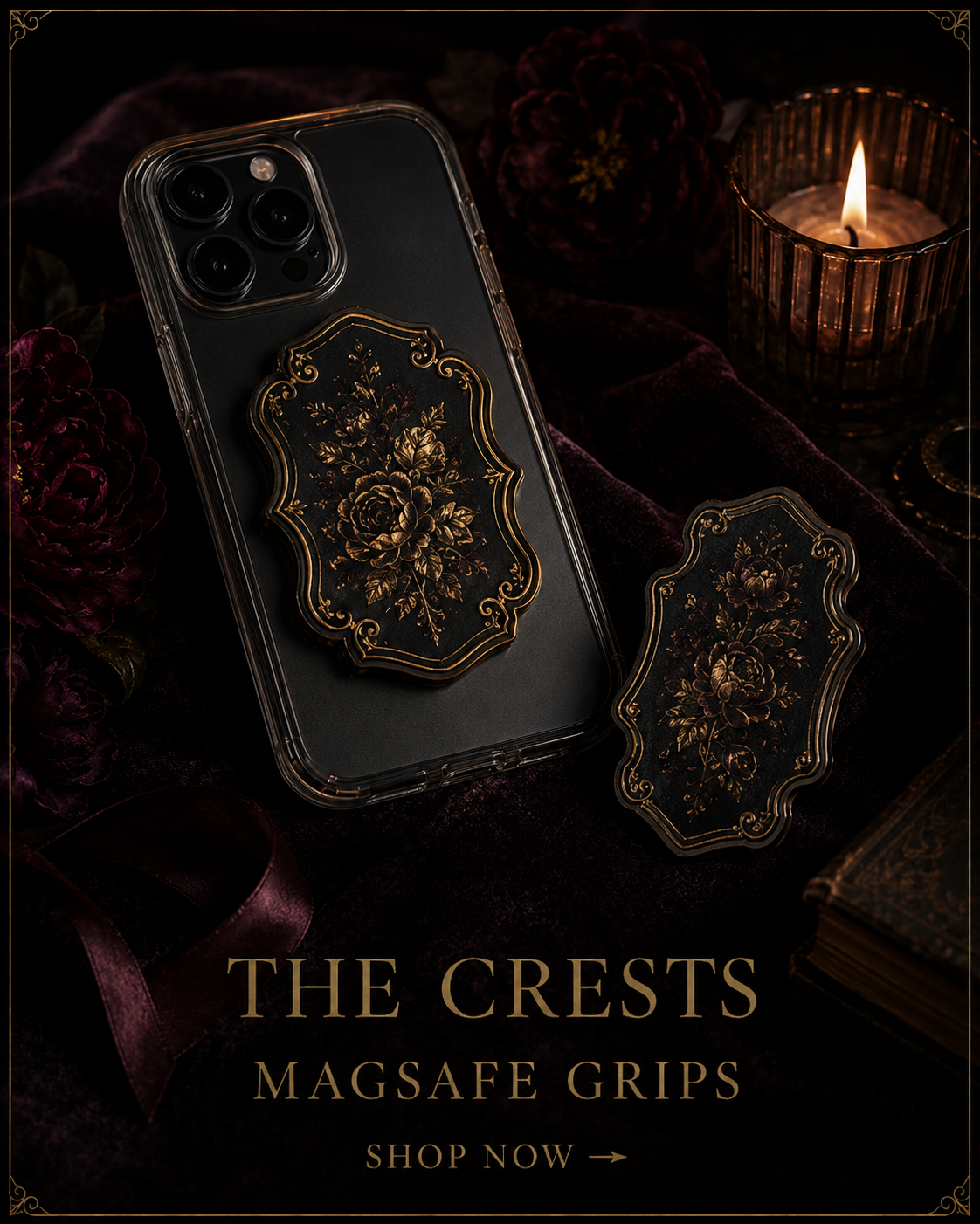 Three dark fantasy round MagSafe grips featuring a black cat with a ghostly butterfly, a moonlit gothic castle, and a white stag at night, displayed on an antique book