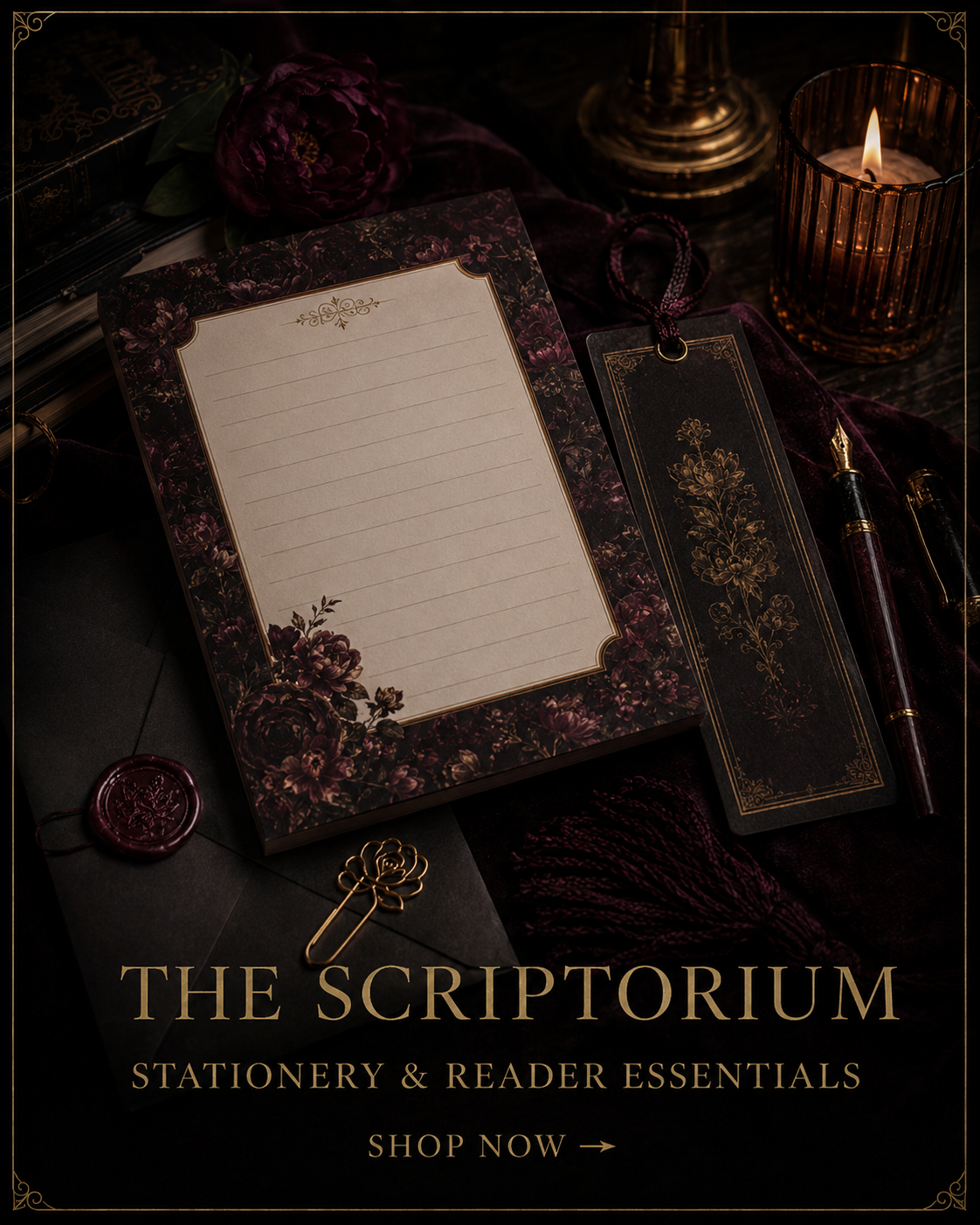 Dark academia stationery collection featuring a reader's notepad, monthly calendar, fountain pen, antique books, wax seal, and candlelight arranged on a vintage wooden desk for book lovers and readers.