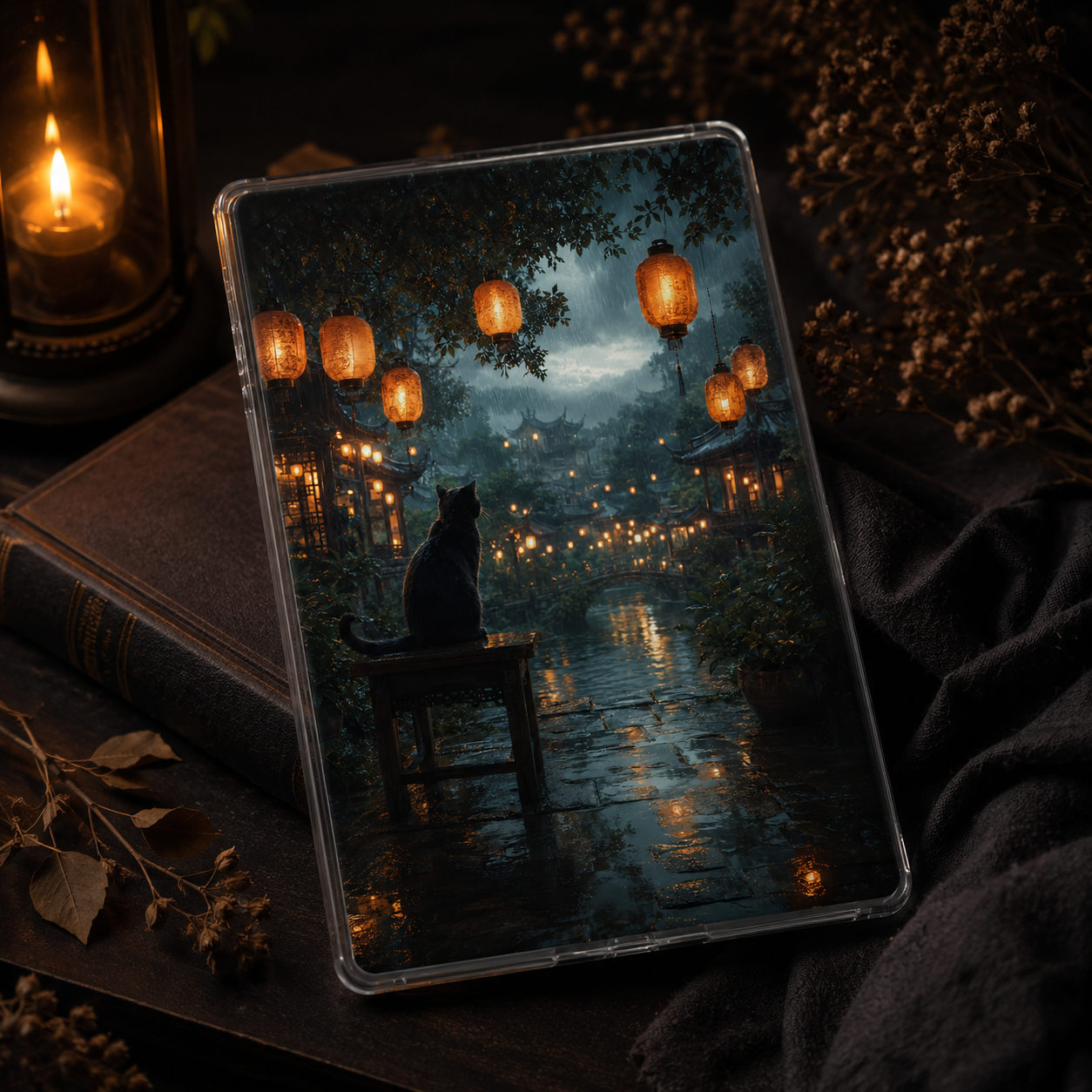 Lantern Rain Familiar Kindle insert beneath a clear case with a black cat, glowing lanterns, rain-soaked village, and atmospheric fantasy scenery