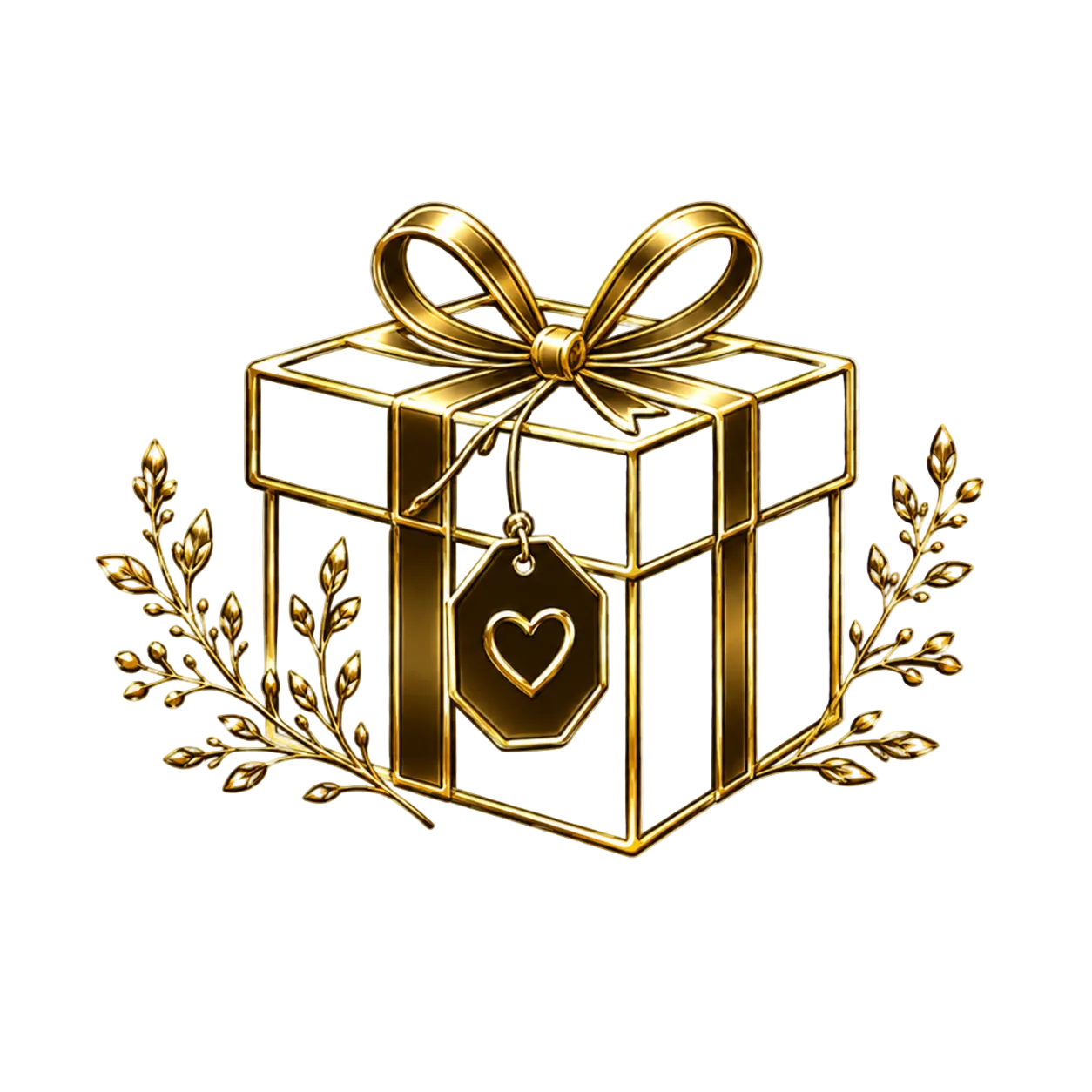 A gold gift box with a large bow on top, a hanging tag with a heart shape, and decorative gold branches on both sides, shown on a transparent checkerboard background.