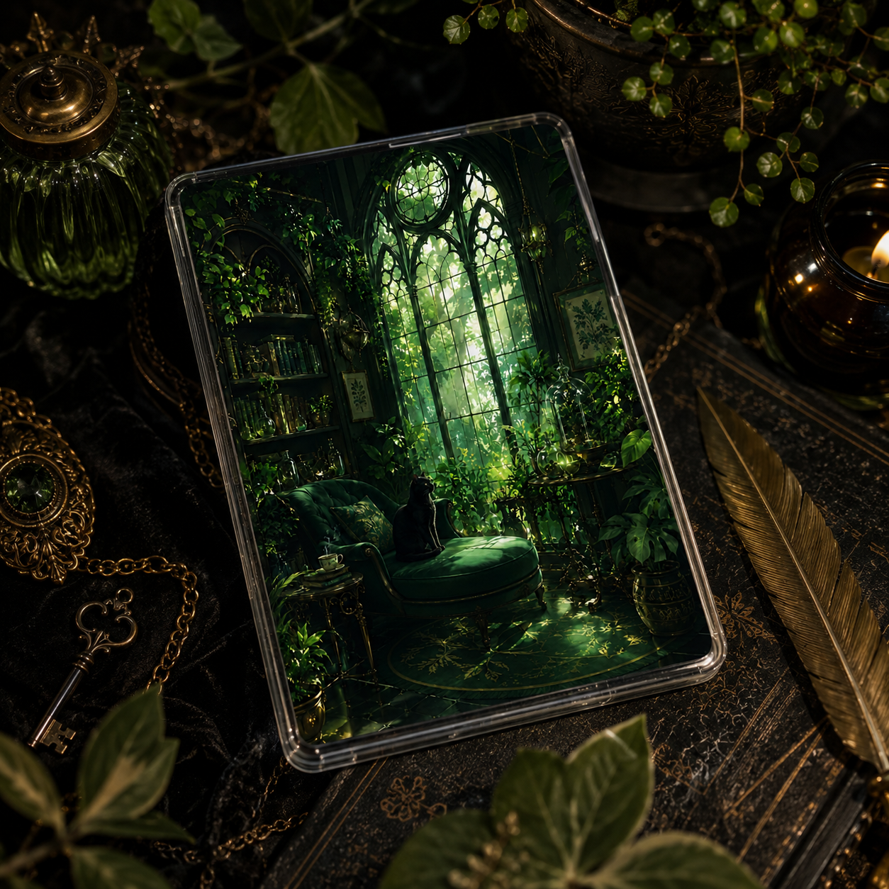 Emerald Gothic Conservatory Kindle insert beneath a clear case with a black cat, climbing ivy, arched windows, and magical botanical details