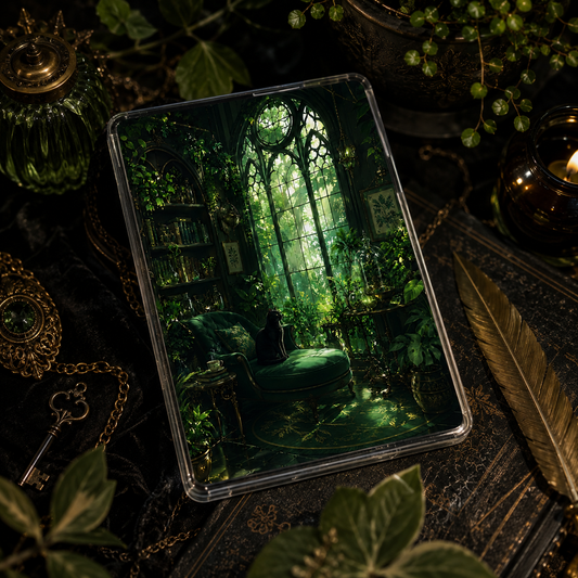 Emerald Gothic Conservatory Kindle insert beneath a clear case with a black cat, climbing ivy, arched windows, and magical botanical details