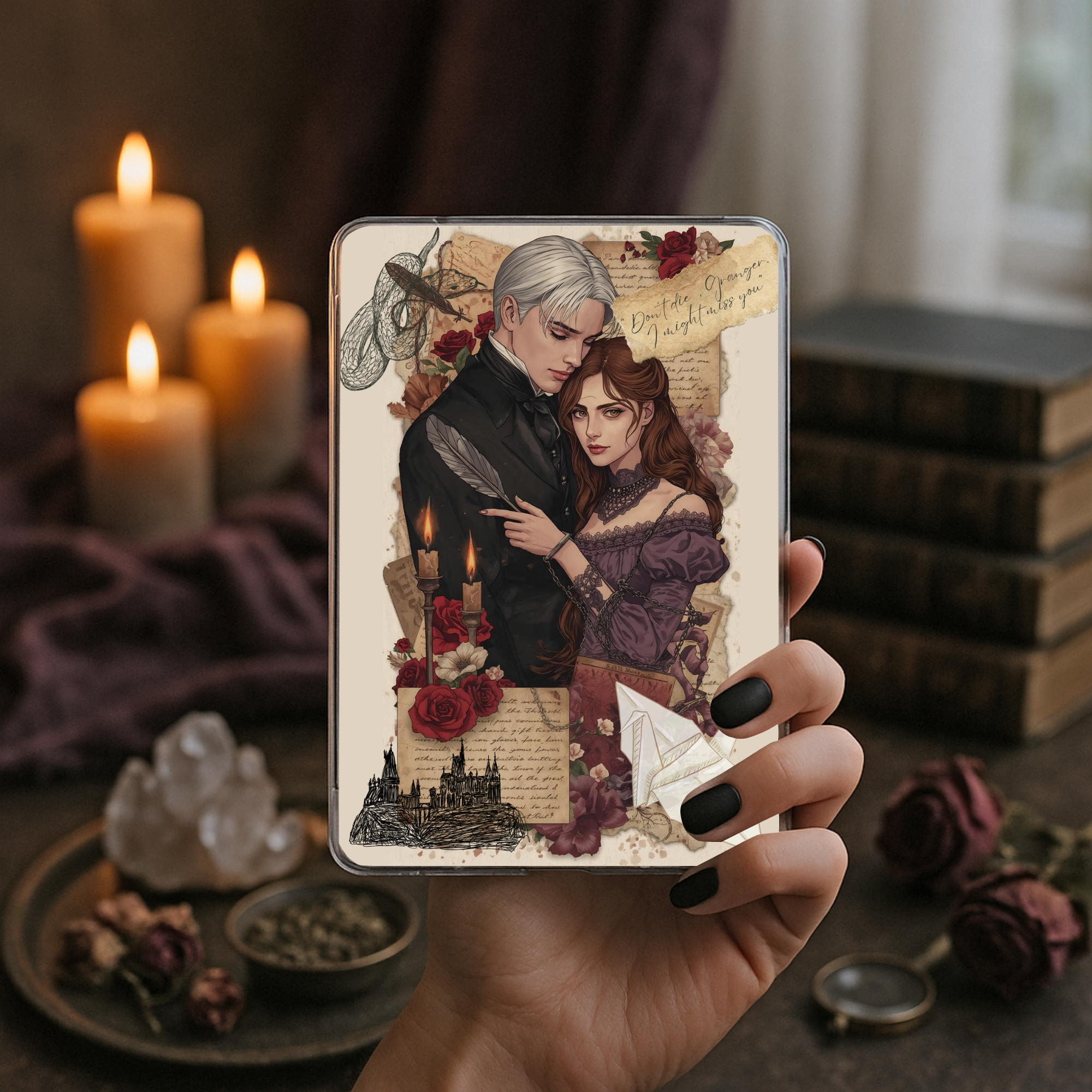 Soft Dramione Kindle Insert – Roses & Paper Crane Romance Case Art