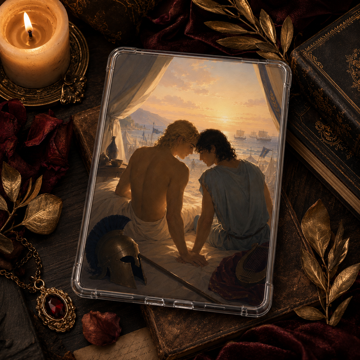 Greek mythology romance Kindle insert with two ancient warriors at sunset, bronze helmet, spear, lyre and seaside camp