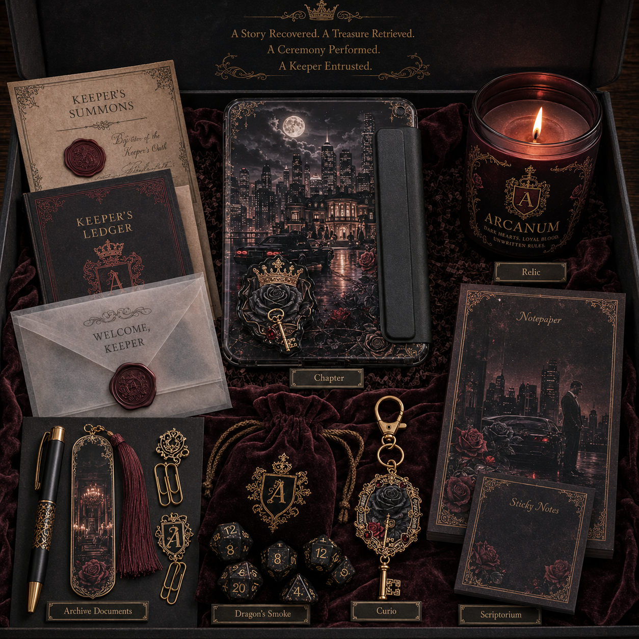 A gothic-themed treasure recovery kit displayed inside a black velvet-lined box. The kit includes a black candle labeled 'Arcanum', a chalice, a key, a pen, dice, cards, an envelope with a wax seal, and other matching accessories, all styled with dark vintage illustrations and gold-toned hardware.