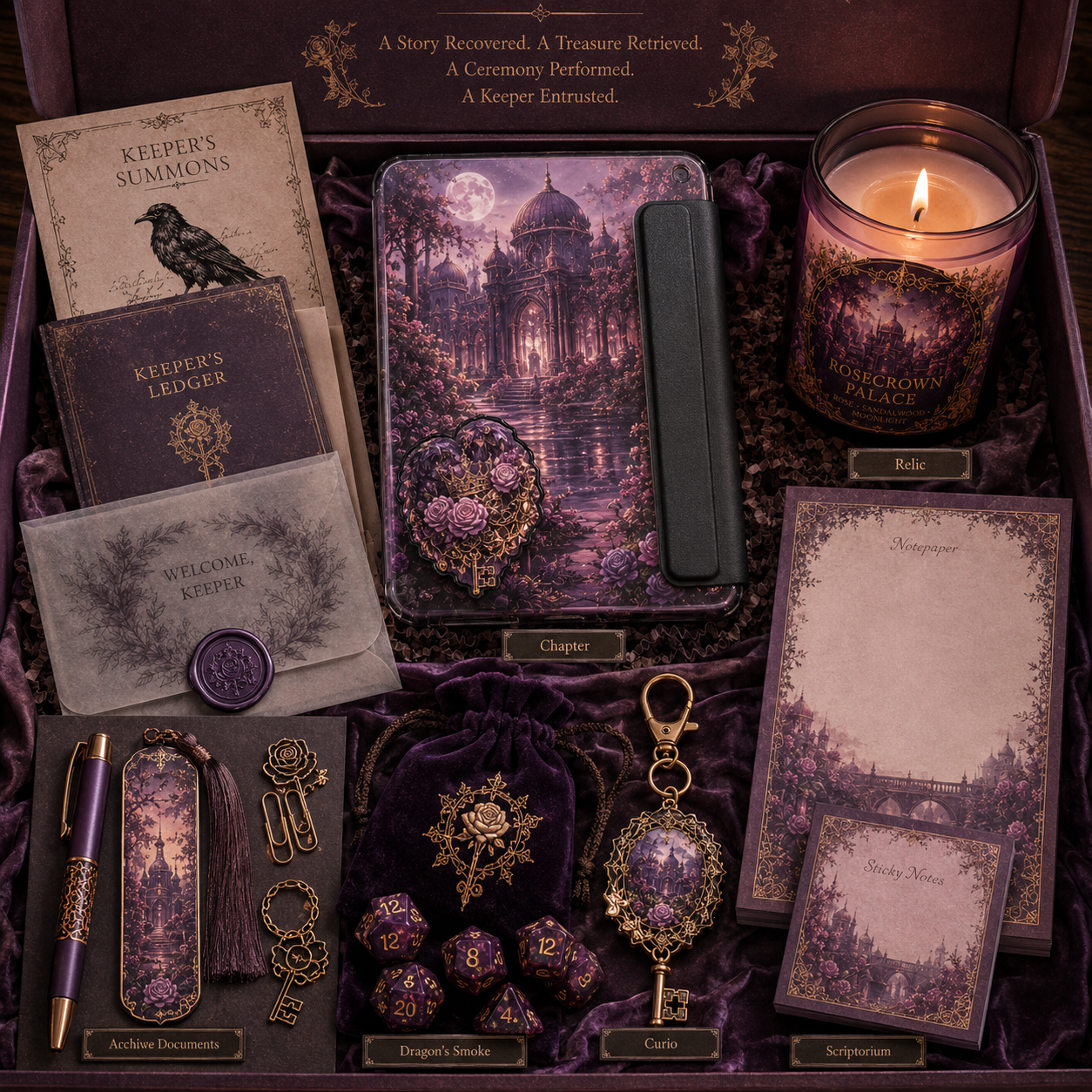 A gothic-themed keepsake box set displayed open, featuring a purple-toned metal tin with a castle illustration, a lit candle, a journal, a letter opener, charms, dice, and other matching accessories arranged in purple velvet packaging.