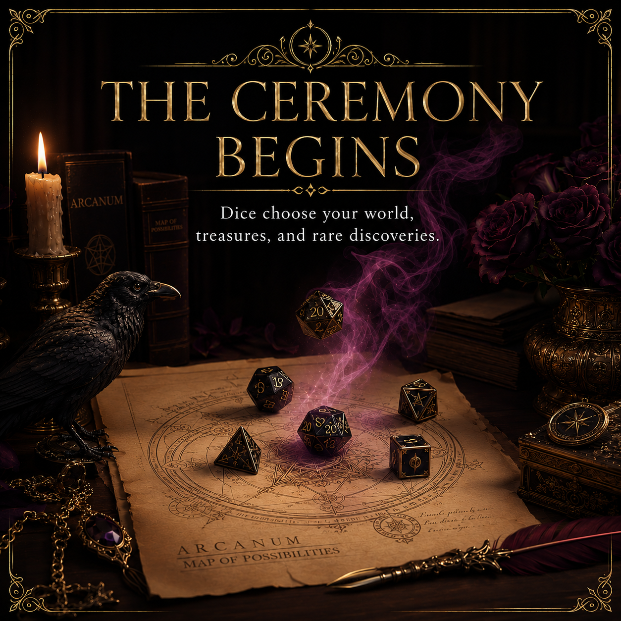 Gothic fantasy promotional artwork with the text 'THE CEREMONY BEGINS' over a dark tabletop scene. A black raven stands beside a lit candle, old books, a parchment map reading 'Arcanum Map of Possibilities,' several black polyhedral dice, purple smoke, and a quill in the foreground.