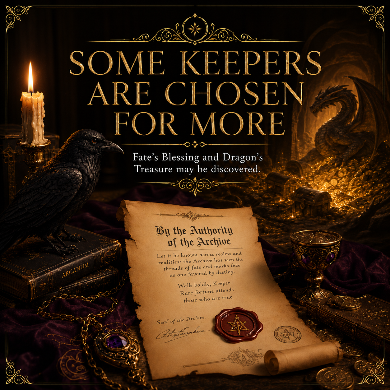 A dark fantasy-themed promotional scene with the text 'SOME KEEPERS ARE CHOSEN FOR MORE' above an open parchment scroll sealed with a red wax stamp. A black raven, candle, goblet, and ornate gold-toned objects surround the parchment in a moody, dramatic composition.