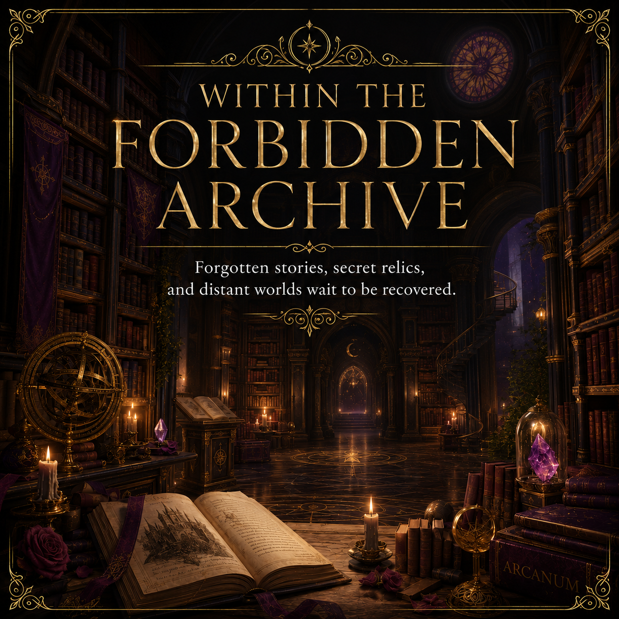 Cinematic promotional artwork for 'Within the Forbidden Archive' featuring a dark, gothic library interior with glowing candles, open books,古籍, and mystical artifacts. The title is displayed in ornate gold lettering at the top, with tagline text below.