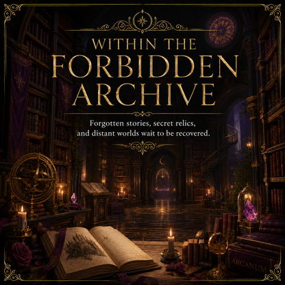 Cinematic promotional artwork for 'Within the Forbidden Archive' featuring a dark, gothic library interior with glowing candles, open books,古籍, and mystical artifacts. The title is displayed in ornate gold lettering at the top, with tagline text below.