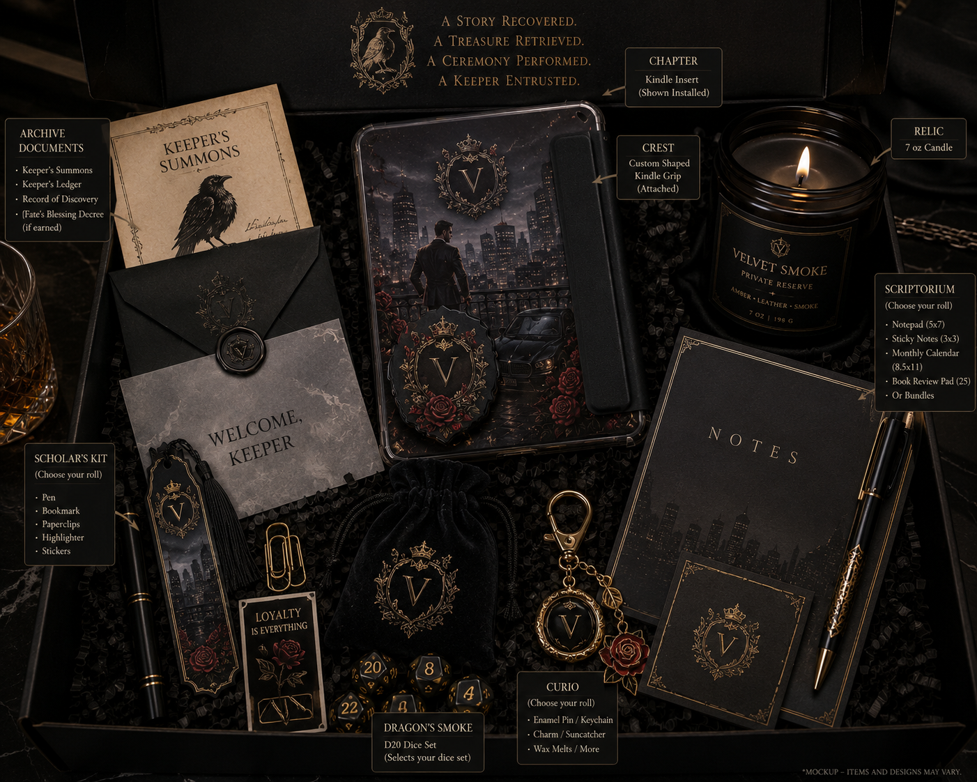 A gothic-themed mystery treasure kit displayed in a black presentation box, featuring a candle, journal, notebook, keychain, bookmarks, and other accessories with vintage-style illustrations and labels.
