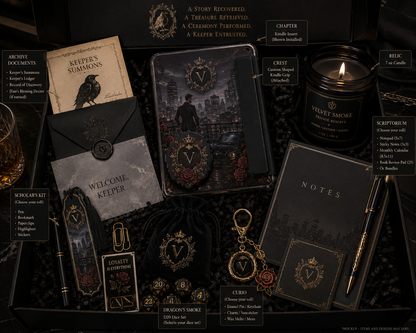 A gothic-themed mystery treasure kit displayed in a black presentation box, featuring a candle, journal, notebook, keychain, bookmarks, and other accessories with vintage-style illustrations and labels.