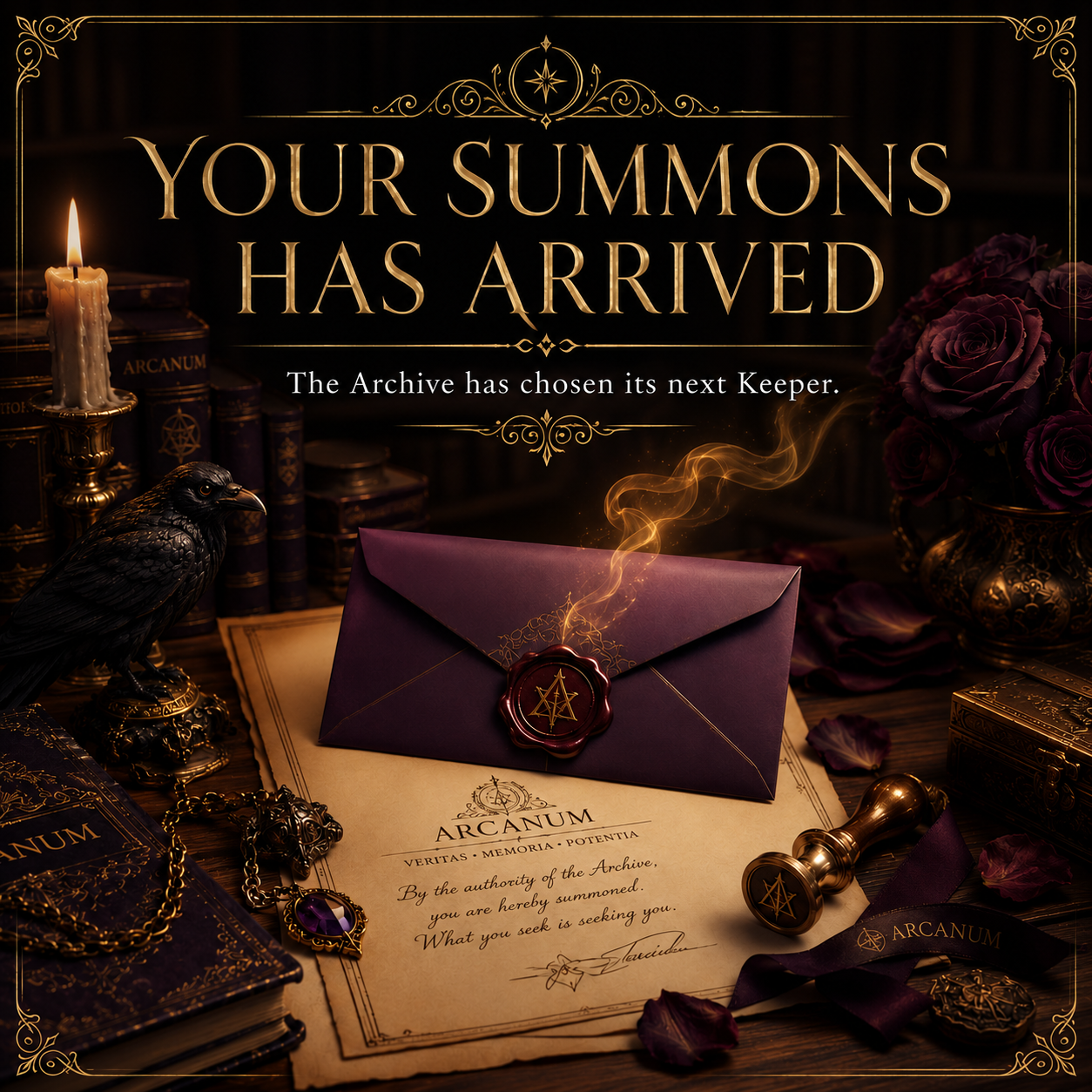 Arcanum romantasy bookish gift set mockup with Kindle insert, custom grip, stationery, candle, dice, and Archive documents