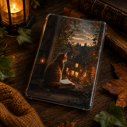 Autumn Library Cat Kindle insert beneath a clear case with an orange cat, open book, ivy, falling leaves, and a glowing storybook village