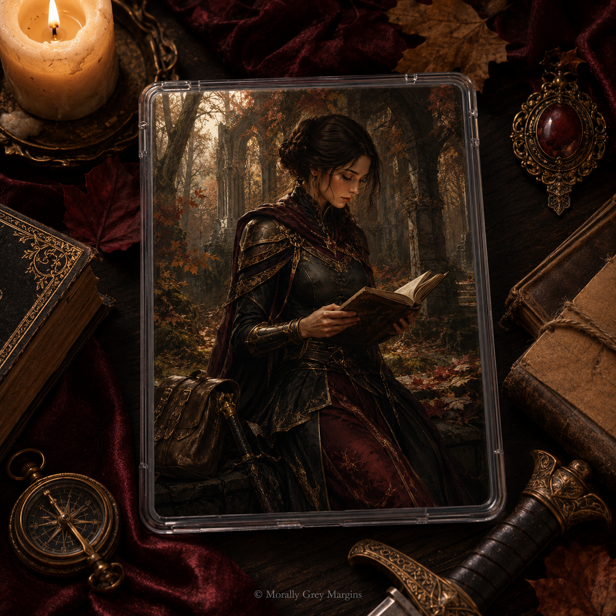Dark fantasy Kindle insert with armored woman reading in autumn ruins, compass, sword, antique books and burgundy details