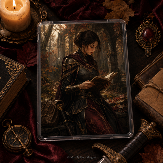 Dark fantasy Kindle insert with armored woman reading in autumn ruins, compass, sword, antique books and burgundy details