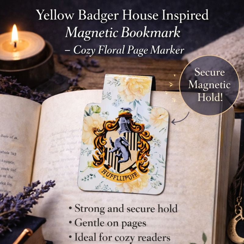 Yellow badger house inspired magnetic bookmark with soft yellow floral design clipped to an open book, showing secure magnetic hold and gentle page protection.