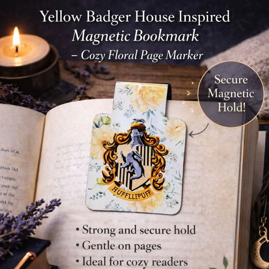 Yellow badger house inspired magnetic bookmark with soft yellow floral design clipped to an open book, showing secure magnetic hold and gentle page protection.