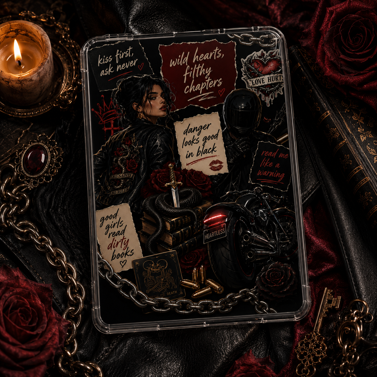 Biker dark romance Kindle insert collage with woman in leather, motorcycle rider, chains, bullets, roses and warning-style quotes