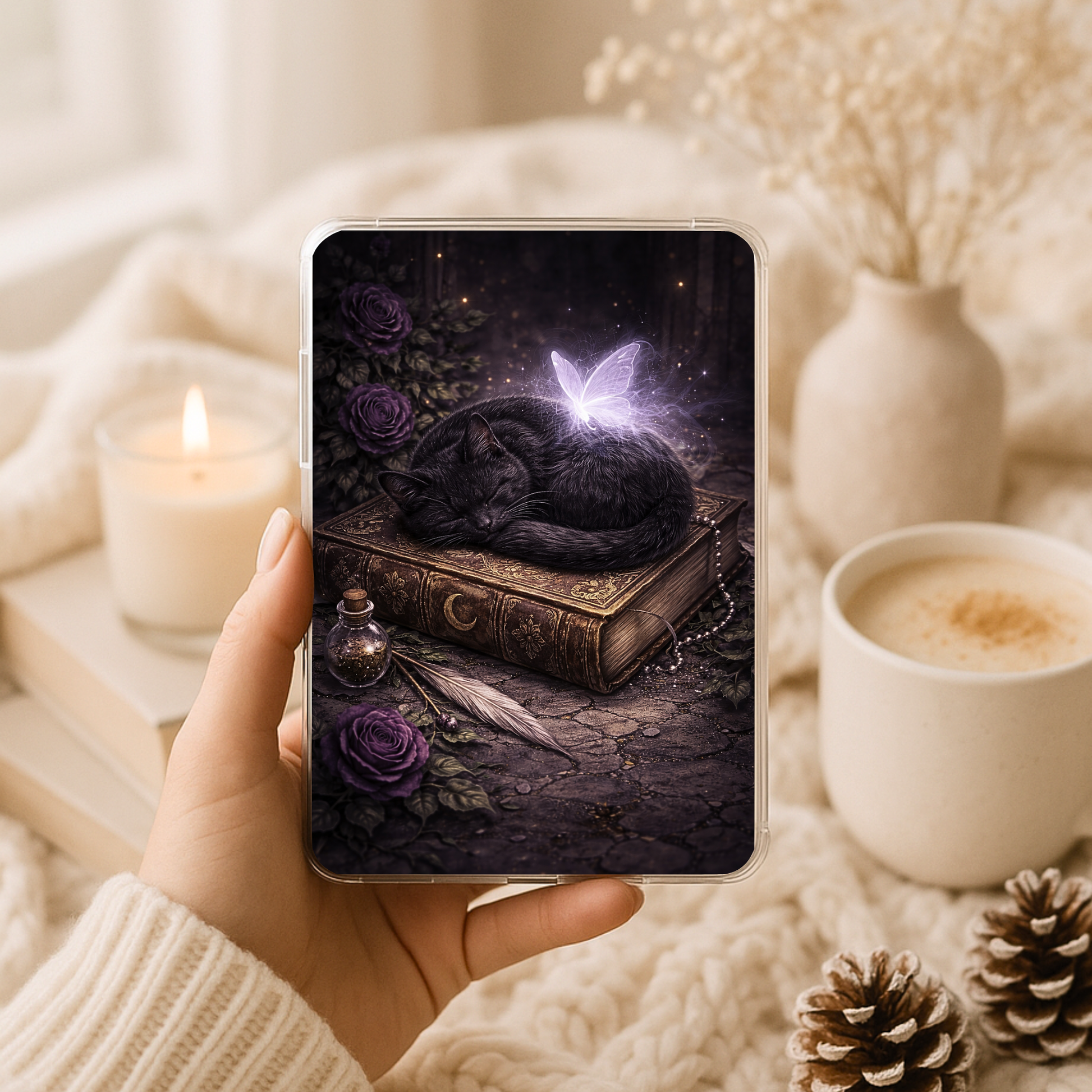 Black cat dark fantasy Kindle insert with cozy bookish aesthetic for clear cases
